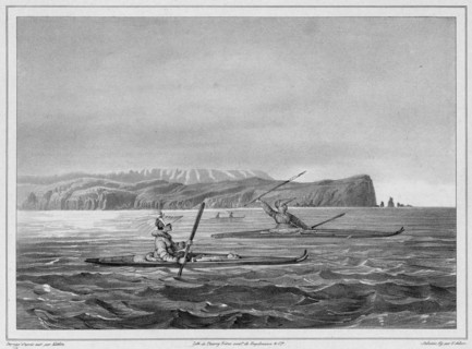 Inhabitants of Ounalacheka with their canoes (Aleutian Islands), 19th century. Creators: Friedrich Heinrich Kittlitz, Victor Adam, Godefroy Engelmann, Leon Jean-Baptiste Sabatier.