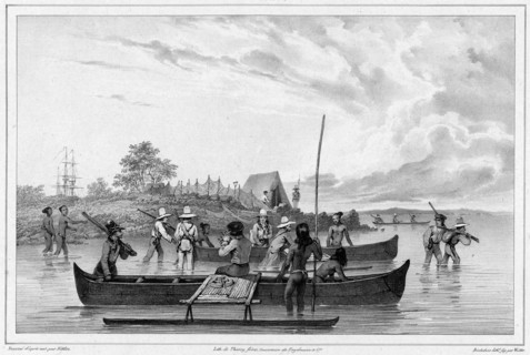 Departure for an excursion to the island of Ualan (the Carolinas), 19th century. Creators: Friedrich Heinrich Kittlitz, Godefroy Engelmann, Emile-Charles Wattier.