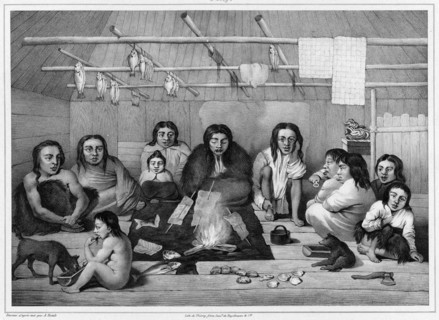 Interior of a clochan hut (Sitka island, north coast of America), 19th century. Creators: Alexander Postels, Godefroy Engelmann.