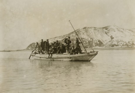 Squad of sappers and miners coming ashore in a sampan at Chemulpo, c1904. Creator: Robert Lee Dunn.