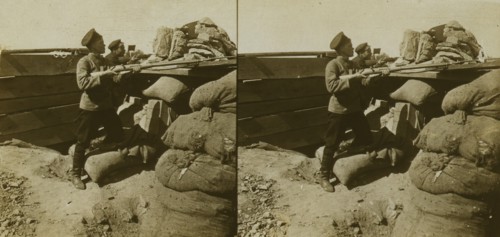 Inside a Russian fort during the siege - shell marks around a dummy gun - Port Arthur, c1905. Creator: Underwood & Underwood.