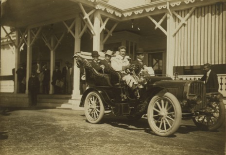 Komura and Takahira leaving Wentworth Hotel for peace conference, 1905. Creator: Unknown.