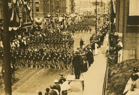 Military procession at Portsmouth on arrival of plenipotentiaries, 1905. Creator: Unknown.