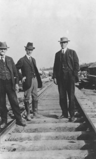 At the new railroad left to right are: Mr. Edes, Frank G. Carpenter,..., between c1900 and 1916. Creator: Unknown.