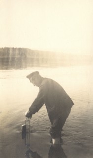 The moment of measuring the water level at the Inorogda hydrometric station, 1909. Creator: Vladimir Ivanovich Fedorov.