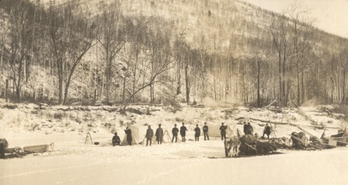 View of the caravan (camp) of the exploration party on the ice of the Zeya River, 1909. Creator: Vladimir Ivanovich Fedorov.