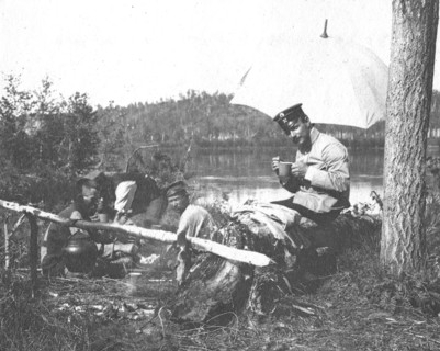 Lunch for prospectors on the banks of the Zeya River, 1909. Creator: Vladimir Ivanovich Fedorov.