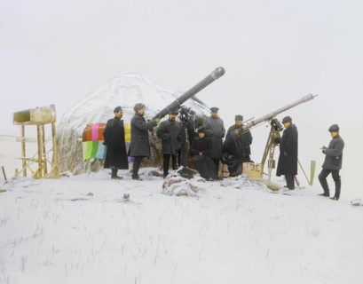 Observing a solar eclipse on January 1, 1907, near the Cherniaevo Station in the Tian-Shan..., 1907. Creator: Sergey Mikhaylovich Prokudin-Gorsky.