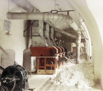 Cotton textile mill interior, probably in Tashkent, between 1905 and 1915. Creator: Sergey Mikhaylovich Prokudin-Gorsky.