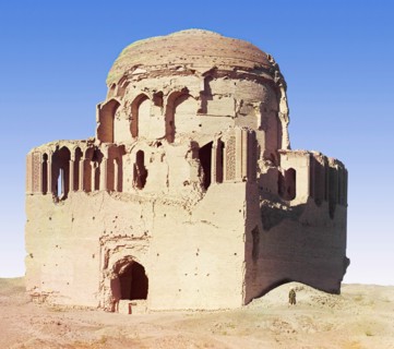 Front view of a crumbling mosque, with a man standing beside it, between 1905 and 1915. Creator: Sergey Mikhaylovich Prokudin-Gorsky.