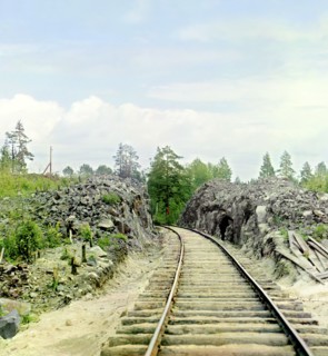Man standing beside railroad tracks, between 1905 and 1915. Creator: Sergey Mikhaylovich Prokudin-Gorsky.