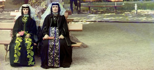 Georgian women in holiday attire in the park of Borzhom, between 1905 and 1915. Creator: Sergey Mikhaylovich Prokudin-Gorsky.