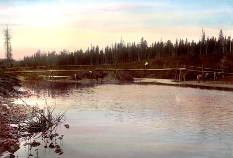 Temporary Crossing Built by Settlers Over the Zolotoi-Kita River. Zimov'evsko-Mesh..., 1906-1908. Creator: Dorozhno-Stroitel'nyi Otdel.