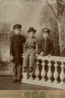 Portrait of three high school students, 1900. Creator: PA Milevskii.