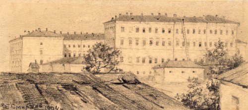 Siberian Cadet Corps in Omsk as Viewed from the Irtysh River, 1904. Creator: Boris Vasilievich Smirnov.