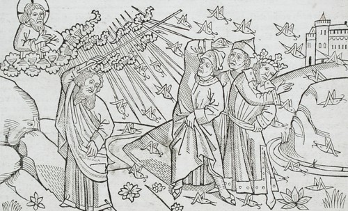 God Sends the Locusts to Egypt (recto); God Sends Hail to Egypt (verso), published 1483. Creator: Unknown.