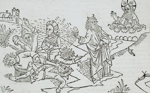God Sends the Flies to Egypt (recto); God Sends Boils to Egypt (verso), published 1483. Creator: Unknown.