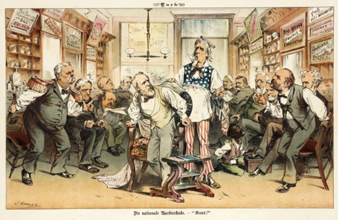 Cartoon from Puck, between 1880 and 1889. Creators: Joseph Keppler, Bernhard Gillam.