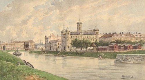 The Weissgärber Lände in Vienna with the Danube steamship building, 1895. Creator: Vincenz Havlicek.