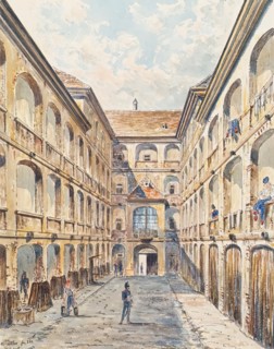 The first courtyard of the Salzgries barracks in Vienna, 1880. Creator: Emil Hutter.
