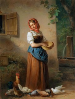 A girl feeding chickens and pigeons, around 1850/1855. Creator: Georg Decker.