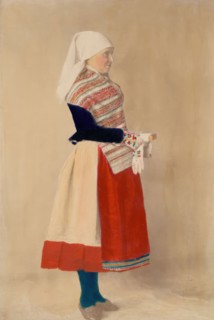 Woman dressed in folk costume, holiday costume from northern Öland, 1880-1907. Creator: Helene Edlund.