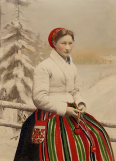 A woman in folk costume and white fur-trimmed jacket, 1886-1920. Creator: Helene Edlund.