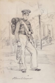 Horn Blower. Young soldier with pack and instruments. (c1850s). Creator: Fritz von Dardel.