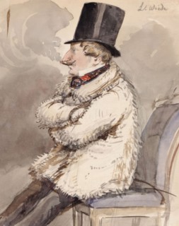 Man in fur jacket and top hat sits at the far end of a chair "L. Wiede". (c1850s). Creator: Fritz von Dardel.