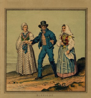 A panel, image of a man who is out for a walk with a woman on each side. (c1900s). Creator: Unknown.