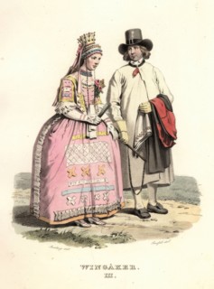 Man and woman in wedding clothes from Vingåker, Södermanland, "Sandberg / Forssell". Creator: Unknown.