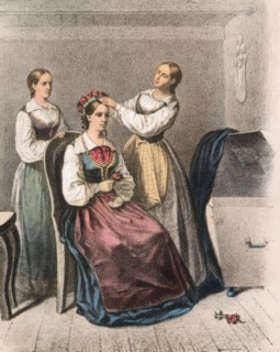Two women dress a bride, Blekinge.  Creator: Unknown.