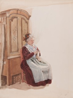 Apparel - Handicraft woman in full figure sitting in front of a cupboard. (c1900s). Creator: AJG Virgin.