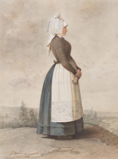 Apparel - woman standing in full figure with white apron, 1810-1857. Creator: Otto Wallgren.