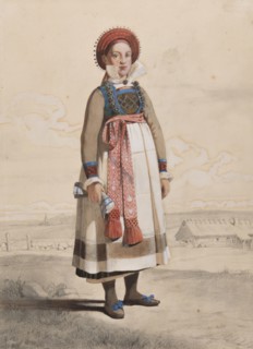 Standing woman in full figure with white apron and woven ribbons, 1810-1857.  Creator: Otto Wallgren.