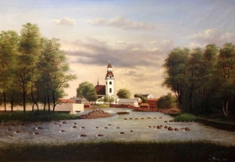 Scene in Gavle with Gavlean, Kallbadhus and Holy Trinity Church, 1890. Creator: Unknown.