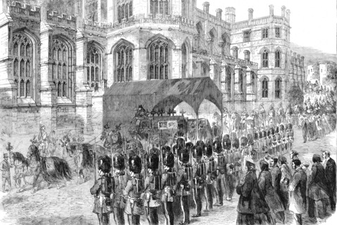 The Funeral of His Late Royal Highness the Prince Consort: the hearse at St. George's Chapel, 1862. Creator: Unknown.