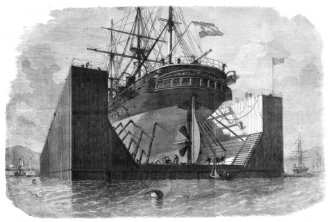 Floating pontoons or dock prepared by Messrs. Rennie and Son for the government of Spain, 1862. Creator: Unknown.