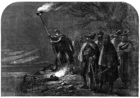 The War in America: a night alarm in the Federal camp - signalling from the right bank..., 1862. Creator: Unknown.