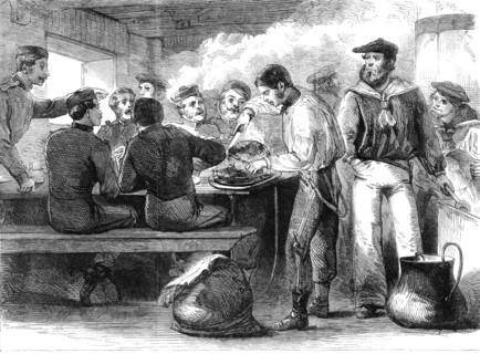 The Reinforcements for Canada: dinner-time and serving out of the grog on board a troop..., 1862. Creator: Unknown.