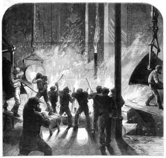Casting a monster cylinder for Her Majesty's armour-plated frigate Agincourt at Maudslay..., 1862. Creator: Unknown.