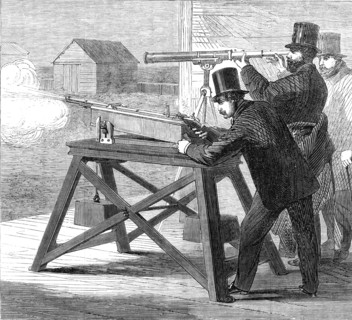 Official trial of small-bore rifles on Plumstead Marshes: the rifle-rest, 1862. Creator: Unknown.