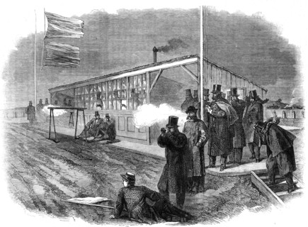 Official trial of small-bore rifles on Plumstead Marshes: firing from the rests, 1862. Creator: Unknown.