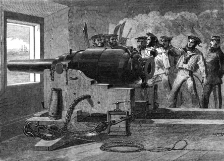Manufacture of the Armstrong Gun at Woolwich Arsenal: naval practice with a 100-pounder, 1862. Creator: Unknown.
