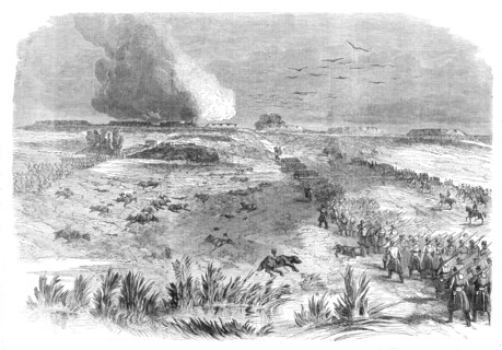 The Civil War in America: Federals advancing on the abandoned Confederate positions..., 1862. Creator: Unknown.