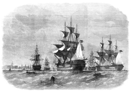 View from Spanish Point, Bermuda, showing the dockyard, and the fleet at anchor in Grassy Bay, 1862. Creator: Unknown.