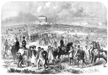 The Volunteer Field-Day at Brighton: arrival of volunteers on the racecourse, 1862. Creator: Unknown.