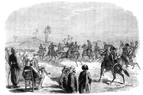 The Prince of Wales in Egypt: Jereed exercise performed by arnouts and arab chiefs..., 1862. Creator: E. Skill.