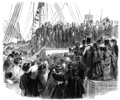 Departure of the Noncomformists from London...for the new colony..., 1862. Creator: Unknown.