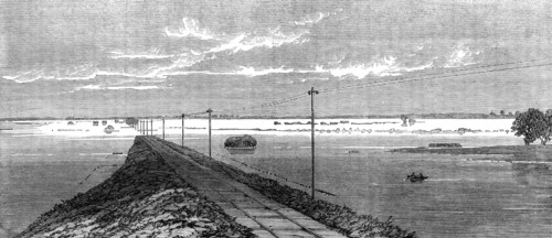 The Flood in the Fens: the submerged railway between Lynn and Wisbeach, 1862. Creator: Unknown.
